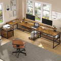 SEDETA U Shaped Desk Reversible L Shaped Home Office Desk with File Drawer &amp Power Outlet 101.5'' Computer Two Person Desk with Monitor Shelf Keyboard Tray Gaming Desk Rustic Brown