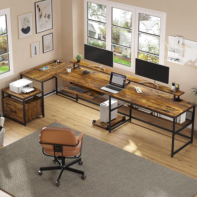 SEDETA U Shaped Desk Reversible L Shaped Home Office Desk with File Drawer &amp Power Outlet 101.5'' Computer Two Person Desk with Monitor Shelf Keyboard Tray Gaming Desk Rustic Brown