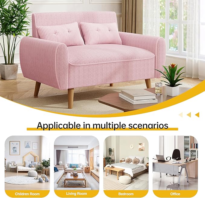 JAMFLY Pink Loveseat Sofa 47.2'' Modern Small Space Sofa Set High Density Sponge Linen Wood 350 lbs Capacity