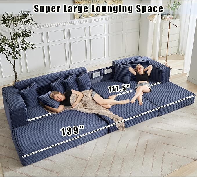 110 Oversized L Shaped Convertible Sleeper Sofa Bed Corduroy Folding Sectional Sofa with 8 Pillows &amp Storage Bags Modern Floor Mattress Couch for Living Room Small Spaces Blue Right Chaise