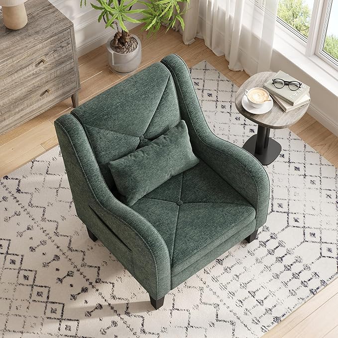 Maupvit Chenille Accent Chair for Living Room Bedroom Chair Comfy Reading Chair Upholstered Arm Chair Single Sofa Chair with Lumbar Pillow Mid Century Modern Chair for Small Spaces Green