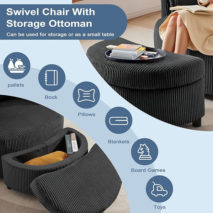 Swivel Accent Chair Round Barrel Armchair with Storage Ottoman Upholstered Corduroy Fabric for Living Room Apartment Office (Black 2-Piece)
