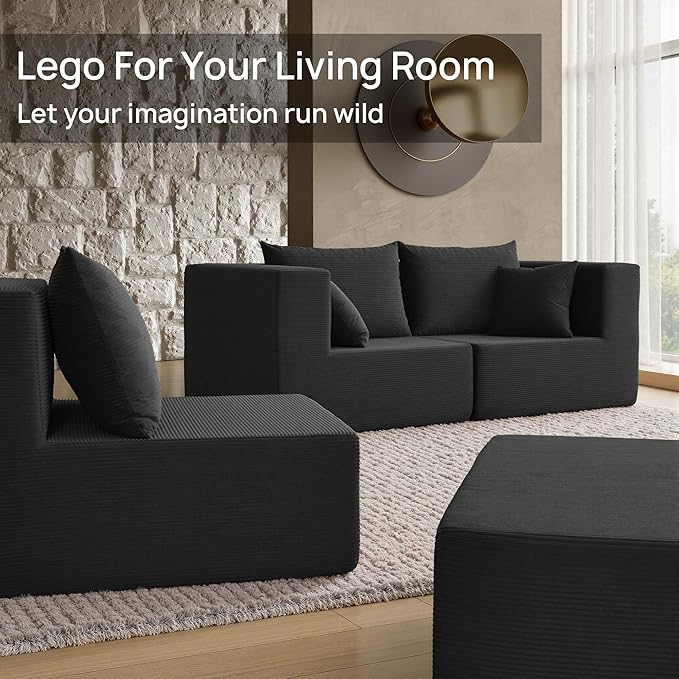 YINIX 140 Modular Sectional Sofa Couches Corduroy Sleeper Deep Seat Sofa Bed Comfy Cloud Couch for Living Room Floor Sofa 6 Piece Free Combination Compression Sofa Black