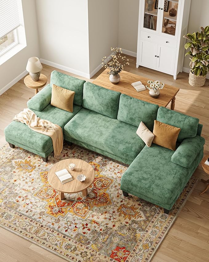U-Shaped Sectional Couches for Living Room | Cheille Sofa with Double Chaise | 112 Inch Green Sectionals Couch for Apartment