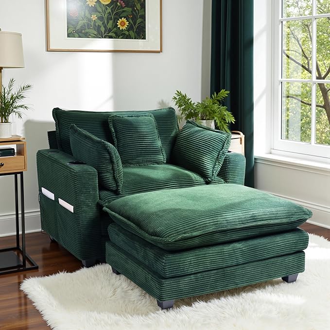 Corduroy Oversized Chair with Seat Pad - 44 Wide King Comfortable Chair and Seat Cushion Set Modern Single Sofa Armrest with USB Port and Cup Holder Living Room Cloud Lounger (Green)