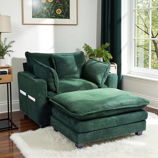 Corduroy Oversized Chair with Seat Pad - 44 Wide King Comfortable Chair and Seat Cushion Set Modern Single Sofa Armrest with USB Port and Cup Holder Living Room Cloud Lounger (Green)