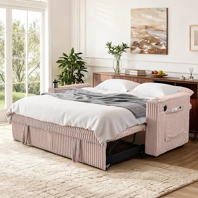 65in Sleeper Sofa Bed Convertible Pull Out Couch with Small Table| USB Port | Cup Holder | Corduroy Fabric | Adjustable Backrest for Apartment Office Bedroom Guest Room (Pink)