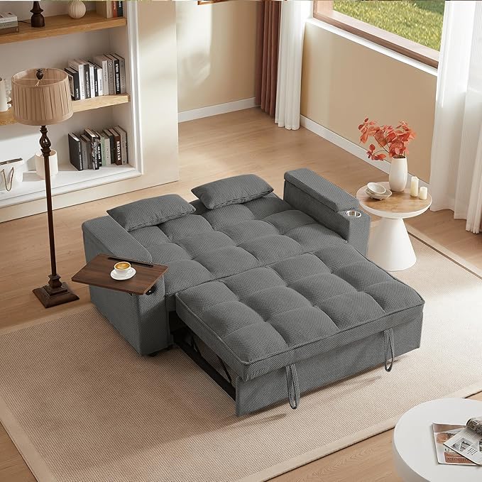 65'' Convertible Sleeper Sofa Bed with Adjustable Backrest Chaise Lounge Side Table &amp USB/Type-C Ports – Stylish &amp Functional Addition to Any Living Room (Dark Grey Sofa Bed)