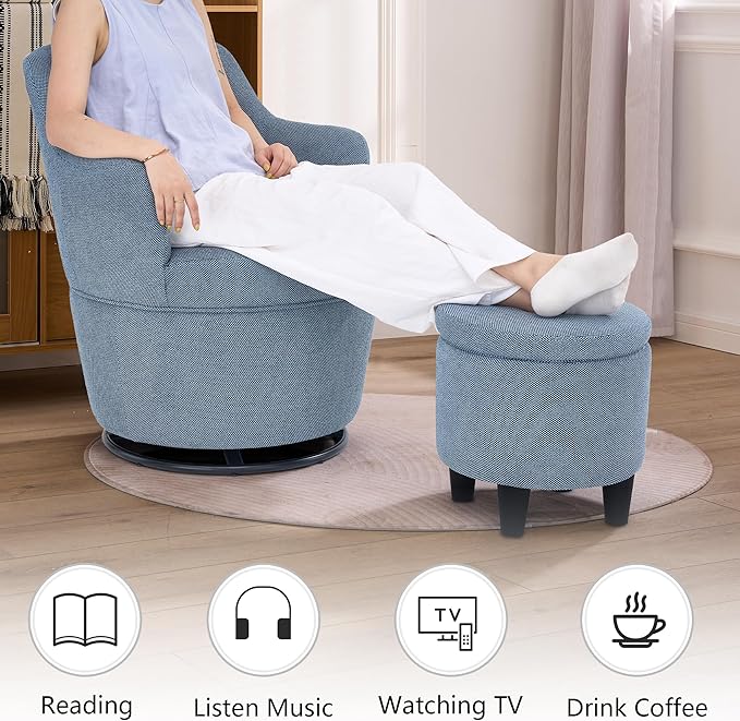 Swivel Accent Chair with Ottoman Fabric Small Barrel Chair with Footstool Modern Round Bedroom Chair for Living Room Blue