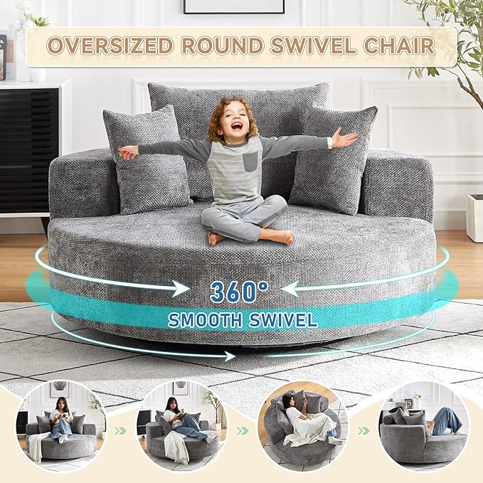 360° Oversized Swivel Chair Modern Circle Round Lounge Chair with Deep Seat Comfy Back Cushion &amp 2 Throw Pillows for Living Room Bedroom Office Light Grey Chenille
