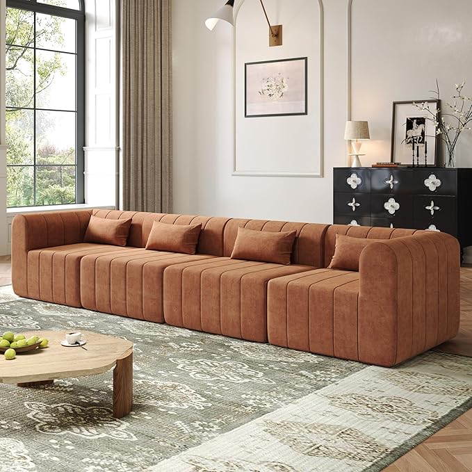 145.5 Inch Modular Full-Compressed Sectional Sofa Polyester Upholstered Modular Sofa with 4 Pieces Compressed Sponge Modular Couch for Living Room (Orange-X200)