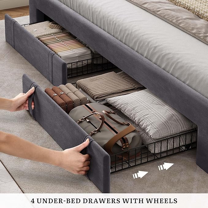 YITAHOME Queen Size Bed Frame with Adjustable Headboard 4 Storage Drawers and RGB LED Lights Velvet Upholstered Platform Bed with USB Ports No Box Spring Needed Fast Assembly Noise-Free Gray