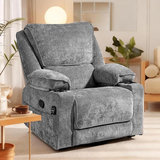 360° Swivel Rocking Recliner Multi-Functional Chair with Heating Massage Functions Equipped with Remote Control Cup Holder Suitable for Living Room &amp Bedroom Use Chenille Fabric