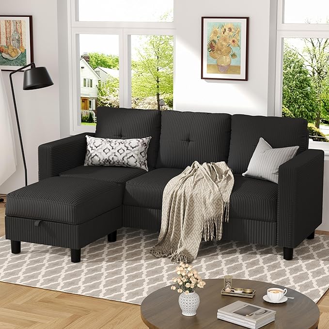 JY QAQA Convertible Sectional Sofa Couch with 3-Seat Sofa L-Shaped Ottoman Couch with Modern Linen Fabric for Small Living Room Apartment and Small Space(Black)