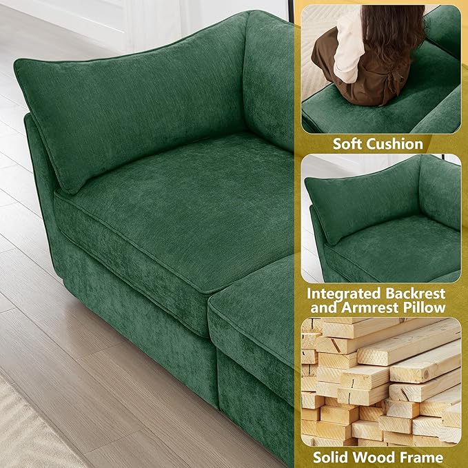 Aoowow Modular Sectional Sofa with Pullout Storage Seat 112.6” L-Shaped Chenille 3-Seat Sofa Couch with Storage Ottoman Upholstered Deep Couches for Living Room Apartment OfficeGreen