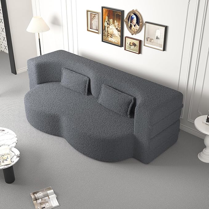 Hommoo Convertible Sleeper Sofa Bed Futon Sofa Folding Mattress Couch Full Size Teddy 2 in 1 Compression Floor Lounge Couch High Density Foam for Living Room/Guest Room/Apartment Grey