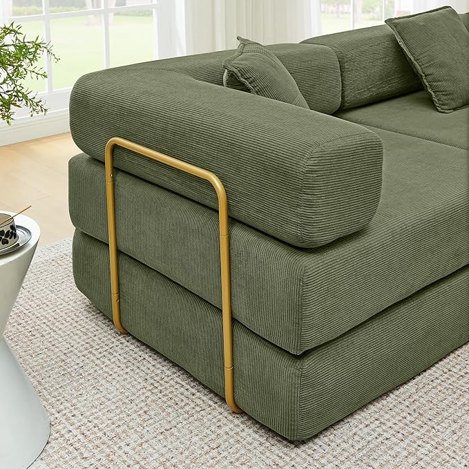 108 W Corduroy Modular Cloud Couch with Fixed-Shape Frame Oversized L-Shaped Sectional Sleeper Sofa Bed with Pull Out Bed No Assembly Modern Floor Boneless Couch for Living Room (Green)