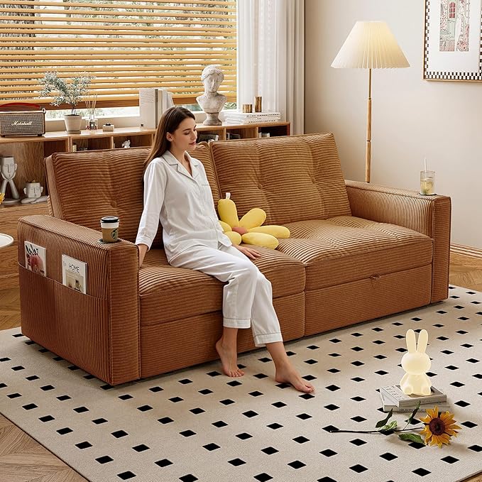 74'' Convertible Sofa Bed 2-in-1 Velvet Sleeper Sofa for Small Spaces Modern Loveseat &amp Guest Bed Apartment &amp Dorm FurnitureOrange | Convertible Sofa Bed