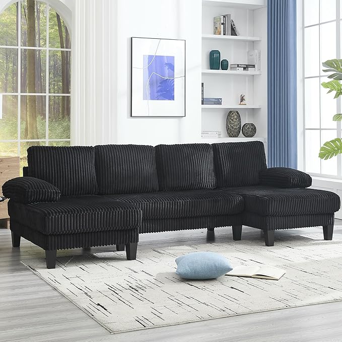 KEIKI 114 U-Shaped Oversized Modular Velvet Sectional Sofa with 2 Chaise Lounge Modern Style Upholstered 4-Seater Couch with Soft Seat Cushions Easy Assembly for Apartment Living Room Black