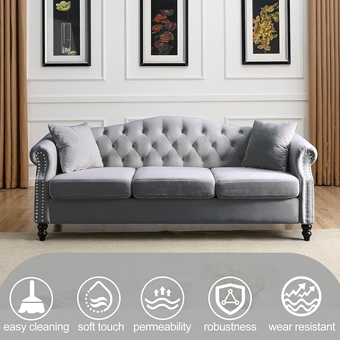 2 Piece Modern Grey Velvet 79 3-Seater and 57 Loveseat Sofa Sets Chesterfield Button Tufted Nailhead Combination Couch with 4 Pillows Trimming Curved Backrest &amp Rolled Arm Sofa for Living Room