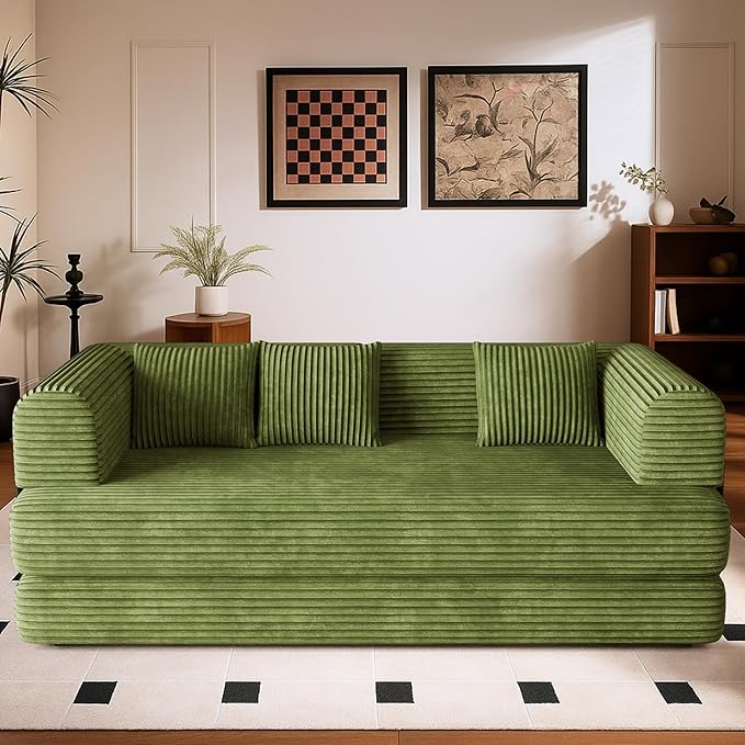 WENTMENT 80‘’Convertible Floor Sofa Bed for Living Room Boneless Couch with Deep Seat Corduroy Pull Out Sofa Bed with 3 Pillows Bedroom Apartment No AssemblyGreen (Green)