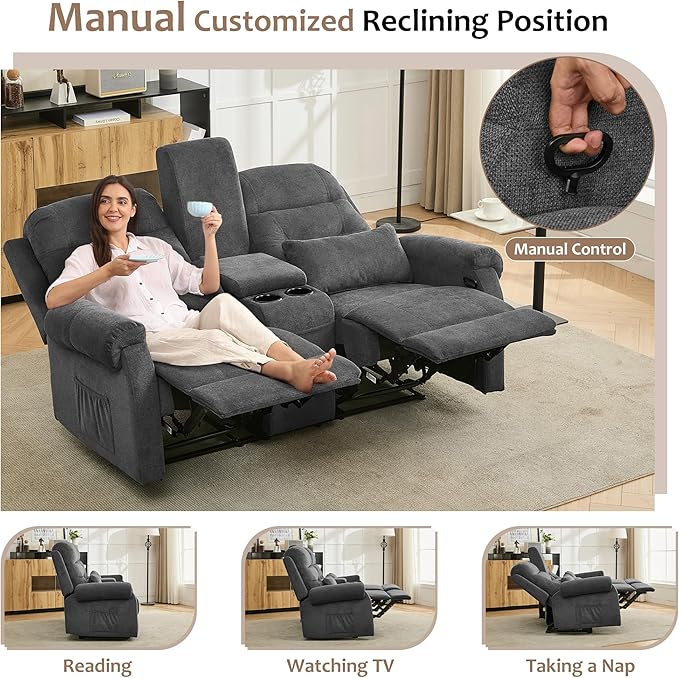 DRMBOOK RV Loveseat Recliner Sofa with Console Flax Velvet Double Wall Hugger Reclining Couch Manual Home Movie Seating 2 Person Recliner Chair with Cup Holders/Storage/Pocket/Lumbar Pillow Grey