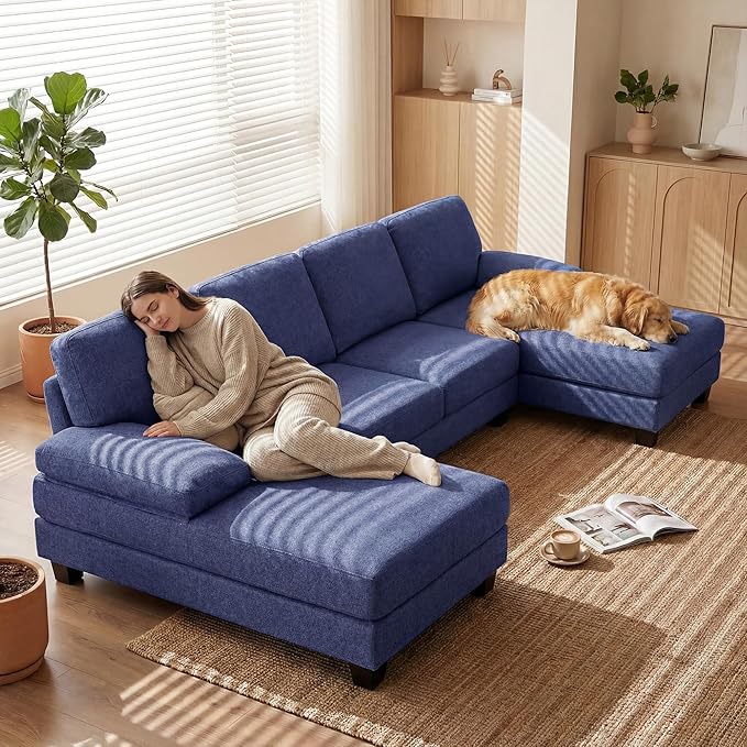 Homall Modular Sectional U Shaped Sofa Couches for Living Room Comfy Loop Yarn 4 Seat Sofa Set with Removable Pillows Lounge Chaise Upholstered Couch for Apartment (Loop Yarn Navy Blue)