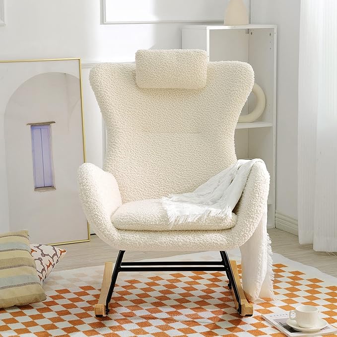 Rocking Chair with Rubber Leg and Cashmere Fabric Suitable for Living Room and Bedroom