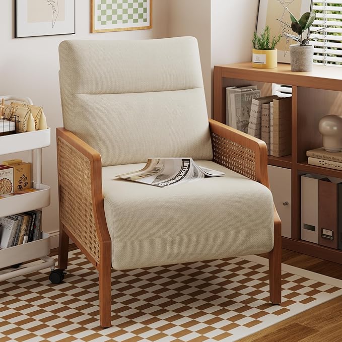 Aklaus Mid Century Accent Chair with Rattan Armrest Upholstered Living Room Chairs Lounge Fabric Reading Chairs Side Sitting Farmhouse Chair for Living Room Bedroom Balcony Beige