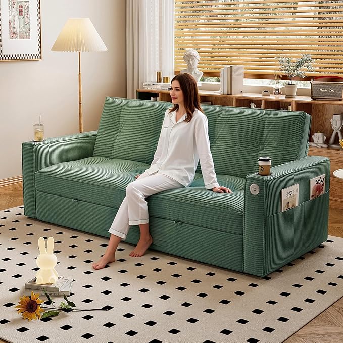 73.2 King Size Sleeper Sofa Bed 3-in-1 Pull Out Couch with Corduroy Fabric Convertible Loveseat L Shaped Couch with Adjustable Backrest Side Pocket &amp Cup Holders for Living Room Apartment