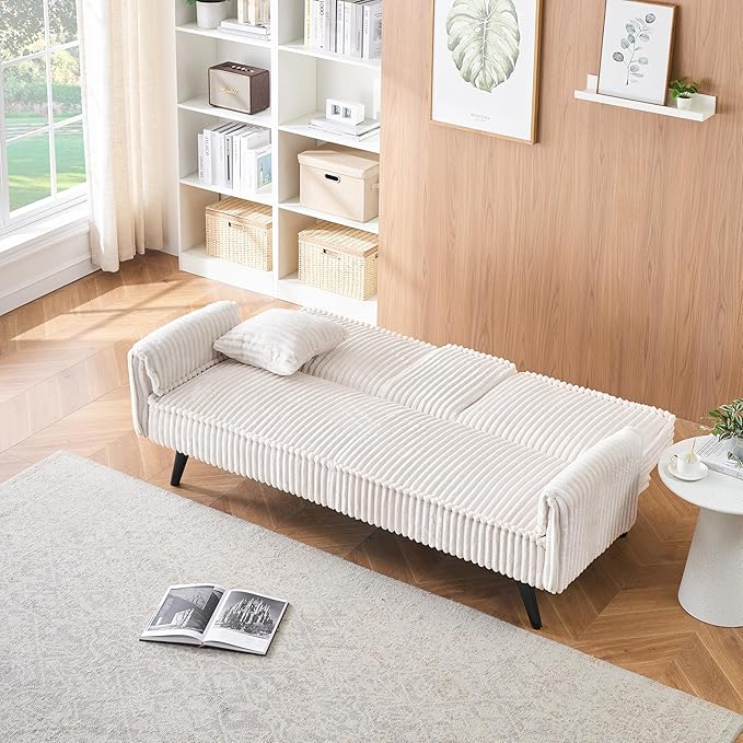 72'' Fabric Loveseat Sofa Comfy Corduroy Couch with 2 Embedded Teacup Holders 2 Seater Sofa with Adjustable Backrest Modern Small Convertible Futon Sofa Bed for Living Room Apartment (White)