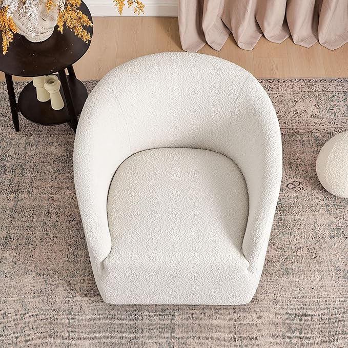 KINWELL 32 Wide Modern Boucle Swivel Barrel Chair No Assembly Round Upholstered Swivel Accent Armchair for Living Room Bedroom Office (White)