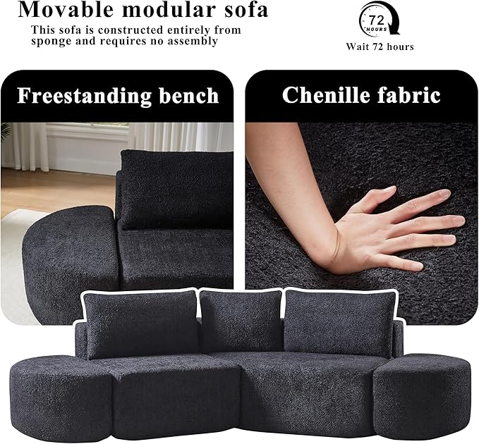 106“ Boneless Chenille V-Shaped Modular Sofa Set Three Throw Pillows 3-Seater Sofa Two Curved Ottomans Combination Couch for Living Rooms (Black 106 Right Chaise)