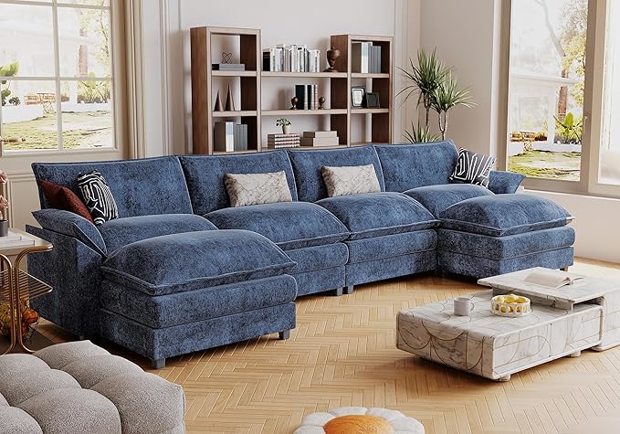 JUMMICO 159” Sectional Sofa Modern Deep 3-Seat Sofa Couch with Reversible Ottoman U-Shaped Chenille Fabric Modular Sofa Sleeper Comfy for Living Room/Bedroom/Apartment (Blue U Shaped Sofa)