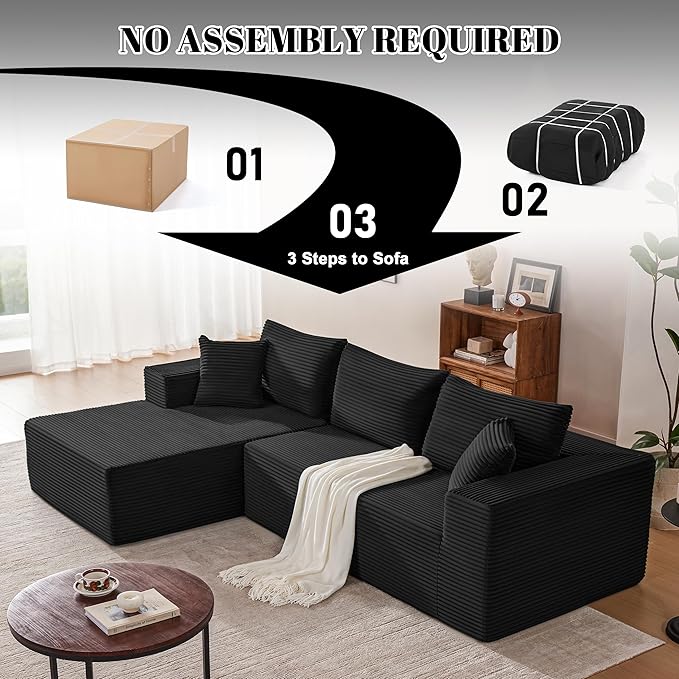 110 Inch Cloud Sectional Couch Modular Sectional Sofa with Deep Seat Boneless Sofa for Living Room Fluffy Comfy Couch with L-Shaped Chaise Black