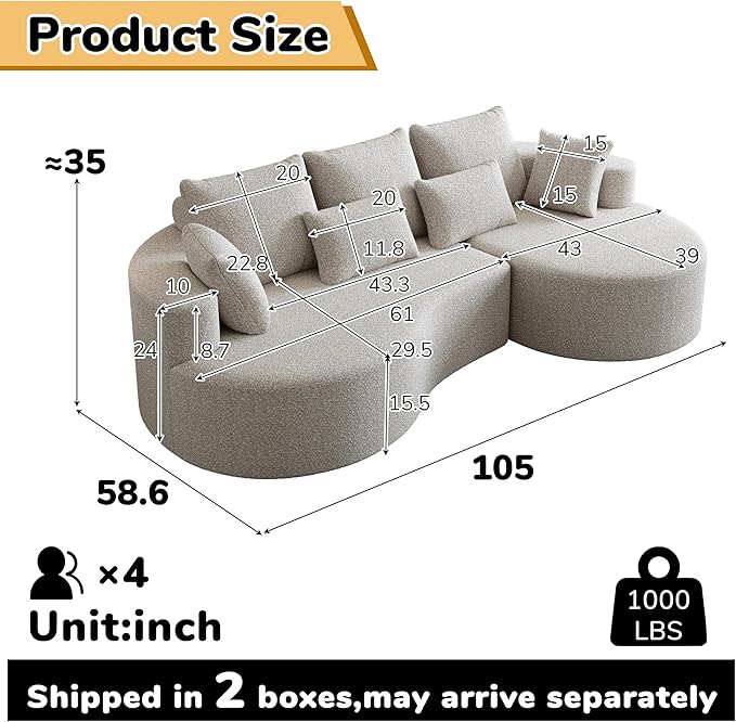 105 Boneless Chenille Upholstered Oversized Sofa Sectional 4-Seater 29.8 Deep Seat Curved Cloud Couch with 7 Pillows Free Combination Sofa Couch for Living Room (Beige 105 Right Lounge)