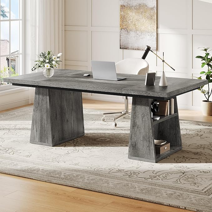 YITAHOME 63 Executive Desk Large Office Desk Computer Desk with Double Pedestal and Storage Shelves Wood Simple Workstations Writing Table Conference Table Business Furniture for Home Office Grey