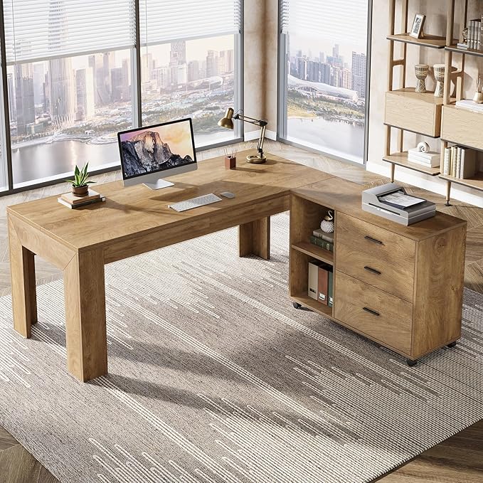Tribesigns 63 L Shaped Desk with Storage Executive Office Desk with Mobile Lateral File Cabinet Combo Large Computer Table with Drawers and Shelves Business Furniture Set for Home Office Brown