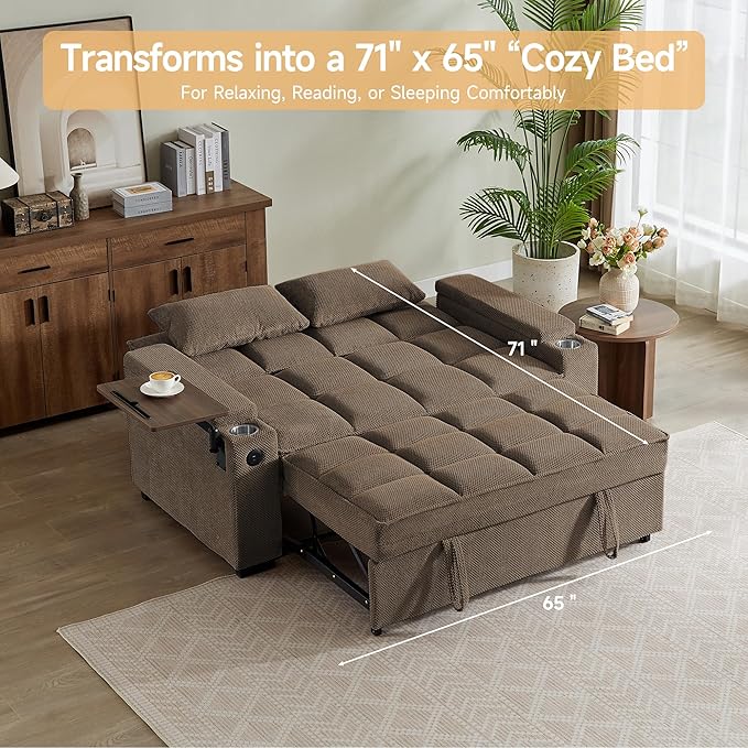 65'' Chaise Lounge Chair Indoor 3-in-1 Convertible Sofa Bed with Pull-Out Design 360° Swivel Side Table Modern Granular Velvet Couch Bed for Living Room Small Space &amp Apartment-Friendly