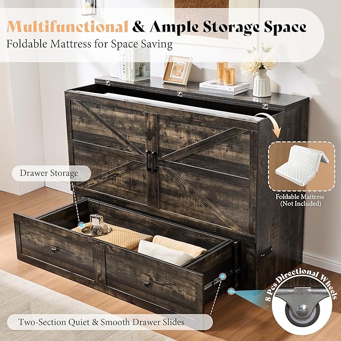 AMERLIFE Full Murphy Bed Cabinet with Charging Station and Storage Farmhouse Foldable Platform Bed for Guest Room Office Small Spaces Black Oak