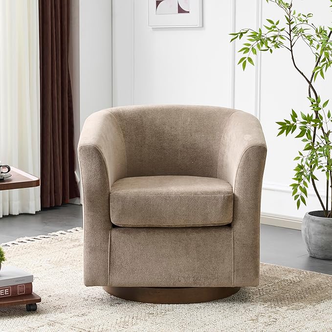 Christopher Knight Home Coles 360° Velvet Swivel Accent Chair Living Room Barrel Swivel Chair with Iron Frame Wooden Velvet Club Chair with Rotation No Assembly Required Light Brown+Walnut
