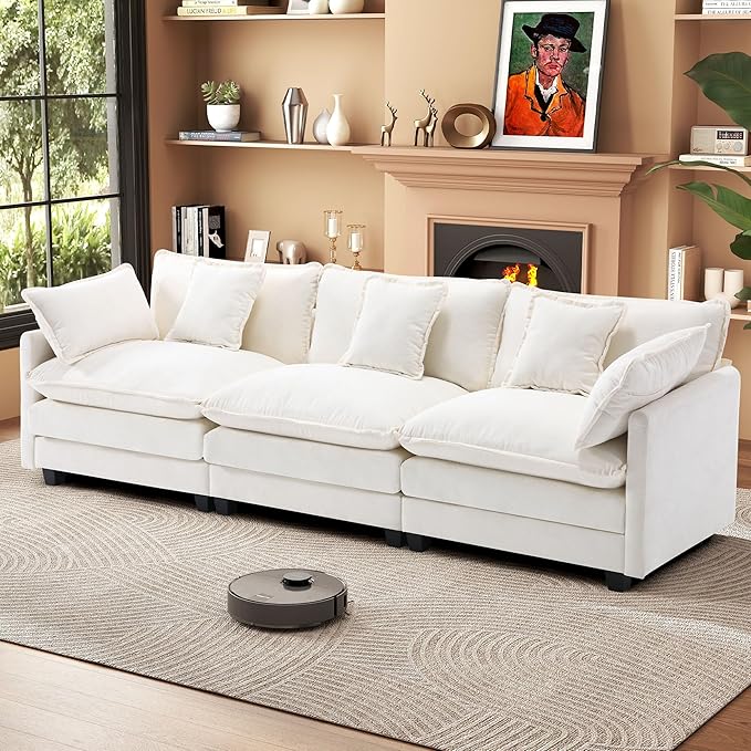 111.4” Cloud Couch Modular Sectional Sofa Comfy Modern 3-Seater Couches with Pillows &amp Upholstered Deep Seat Cushion for Living Room Apartment Bedroom （Beige）