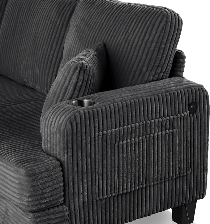 Homes: Inside + Out Reese Modern Plush Chenille Couch with Side Pockets Cup Holders and USB Ports Wooden Comfortable Sofa for Living Room Bedroom and Office Dark Grey