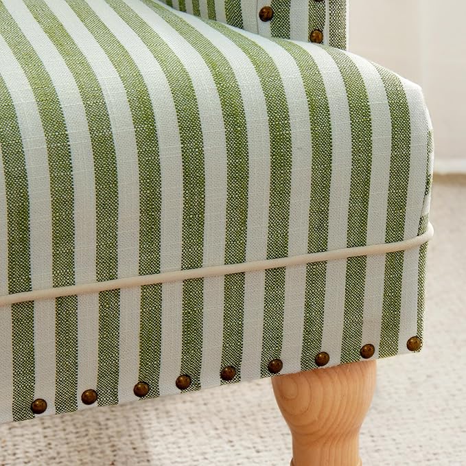 HUIMO Linen Fabric Accent Chair Mid-Century Modern Upholstered Armchair with Solid Wood Legs Comfy Reading Club Chair for Living Room Bedroom (2 Green and White Stripe)