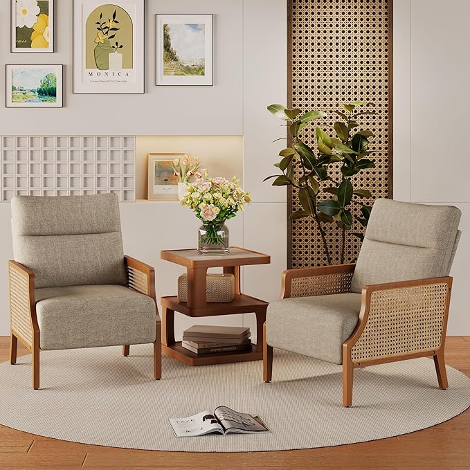 Aklaus Mid Century Accent Chair Set of 2 with Rattan Armrest Upholstered Living Room Chairs Lounge Fabric Reading Chairs Side Sitting Farmhouse Chair for Living Room Bedroom Balcony Grayish Brown