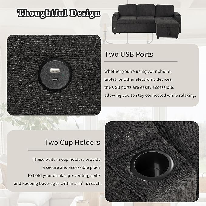 Versatile L-Shaped Sofa Couch Convertible Sofa Bed Chenille Fabric Sectional Sofa with Reversible Chaise Lounge Storage Space 2 Cup Holders and Two USB Ports for Living Room (Black-2C)