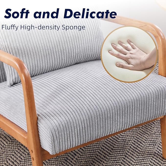 Corduroy Accent Chair Set of 2 Mid Century Modern Armchair with Soft Cushion Wingback Lounge Chair with Solid Wood Frame for Bedroom Living Room Reading Room (Light Grey)