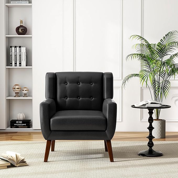 UIXE Faux Leather Accent Chair Modern Arm Club Chair Upholstered Armchair for Living Room Comfy Single Sofa Seats Button Tufted Reading Seating Black