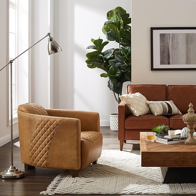 Zouron Genuine Leather Living Room Chair Mid Century Modern Single Sofa Chair with Wooden Legs Upholstered Barrel Accent Chair for Living Room Bedroom Home Office 1 Pcs Light Brown