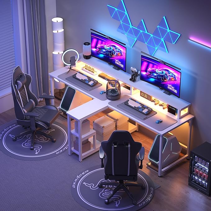 Mexin Double Desk for Two People - 83.7 Inch 2 Person Desk with Storage Shelves and Power Outlets Home Office Desk with Monitor Stand Long Gaming Desk Large Workstation White